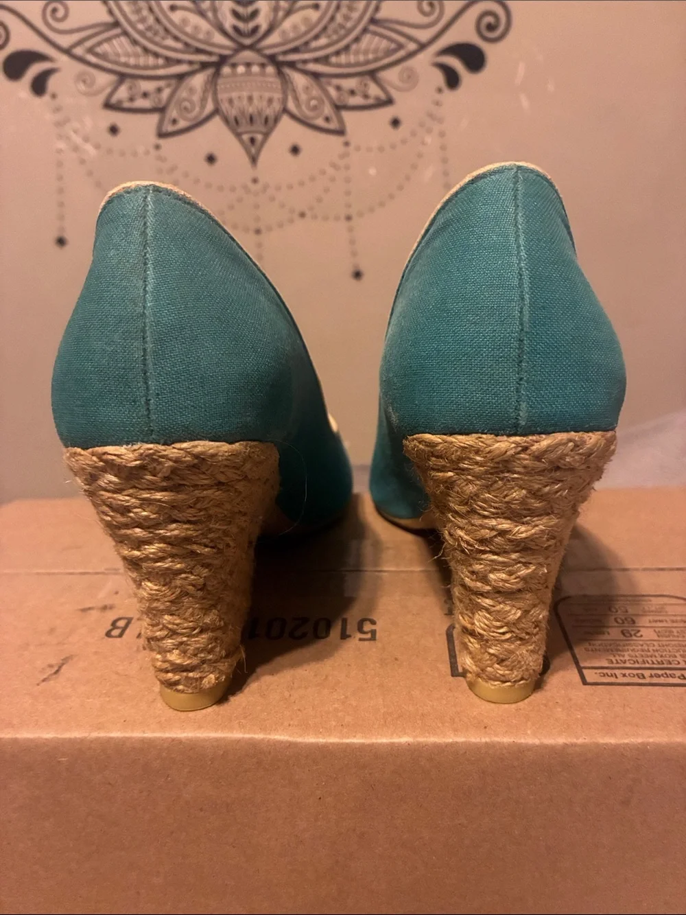 Rocket Dog Teal Canvas Peep-Toe Heels with Rainbow Accent - Picture 4 of 5